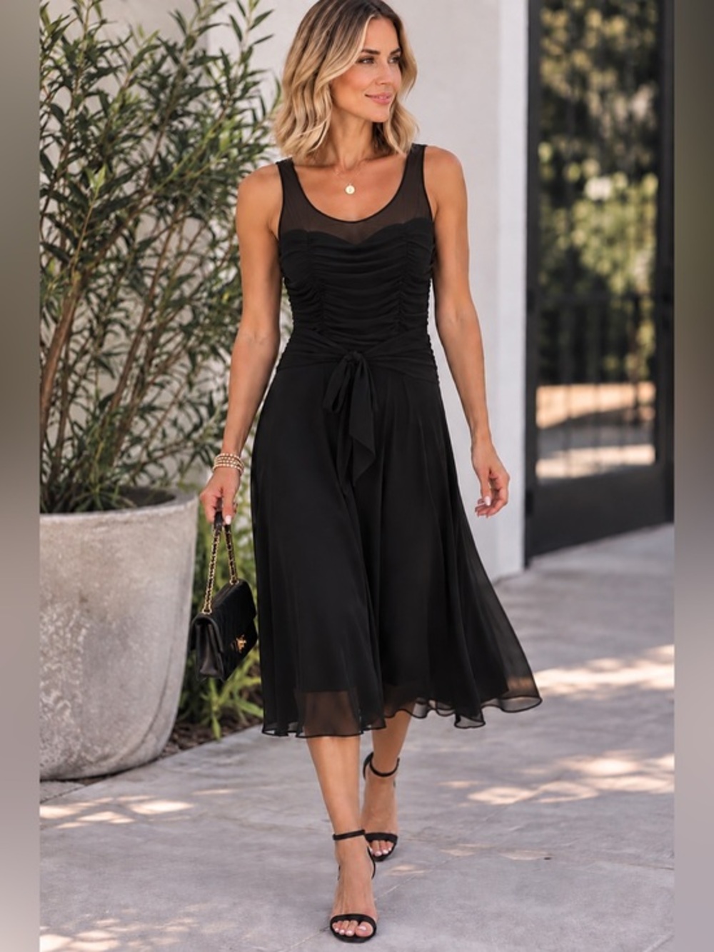 NEW! Black Sheer Neckline Sleeveless‎ Midi Dress Size 8